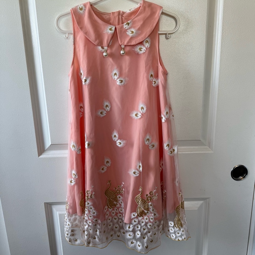 Coral Pink Kids Dress with Peacock gold details and Pearls 140 cm 8